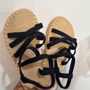 Womens Beige Rope-Style Sandals with Black Straps